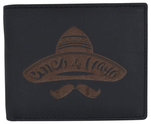 RFID Blocking Mens Genuine Leather Bifold 5 de Mayo Sombrero Logo Wallet-menswallet