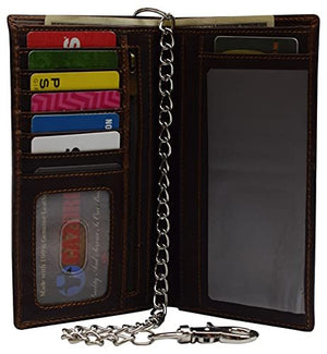 RFID Blocking Vintage Leather Slim Long Bifold Checkbook Biker Chain Wallet-menswallet