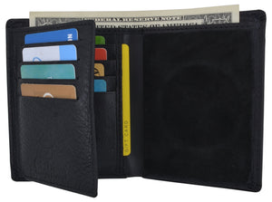 RFID Mens Genuine Leather Trifold Wallet with Security Badge Holder Black-menswallet