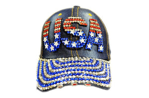 Rhinestone Jeweled USA Design Logo Denim Adjustable Baseball Cap-menswallet