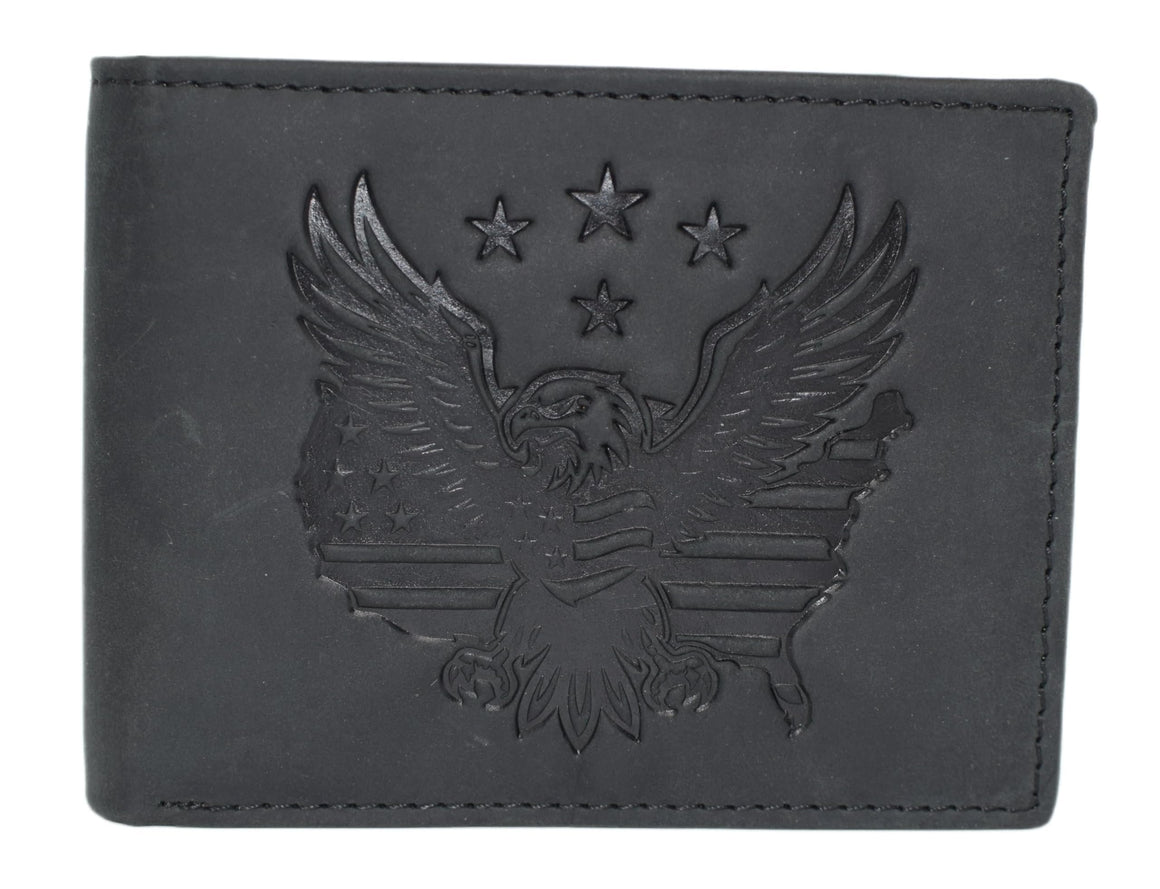 MARSHAL Genuine Leather USA Eagle Chain Wallet for Men – RFID Blocking Bifold Biker Wallet with American Eagle USA Map Design
