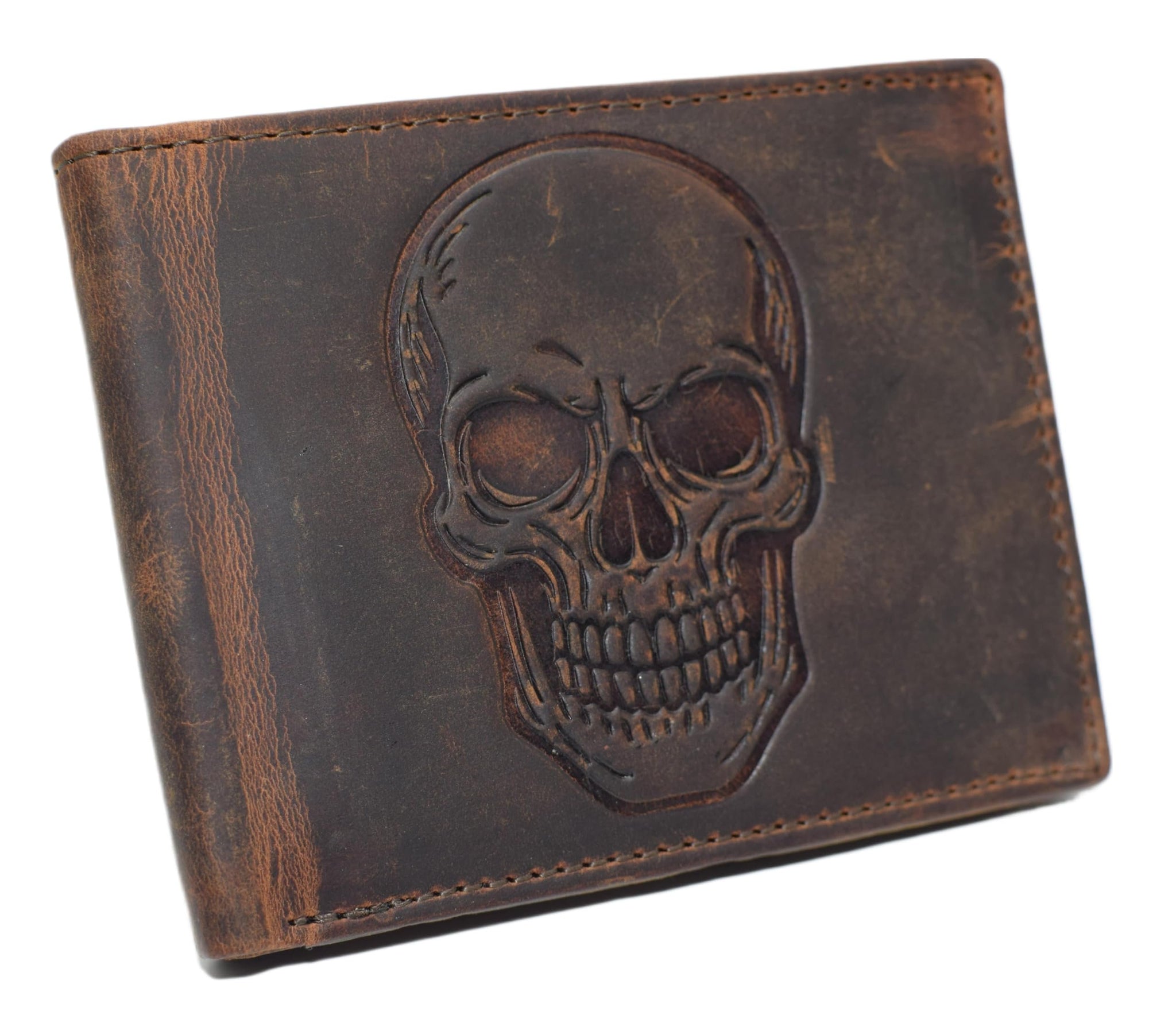 Men’s RFID Blocking Bifold Distressed Leather Wallet – Vintage Skull Design – Slim Trifold Interior with Card Slots, ID Window & Cash Compartment (Brown)