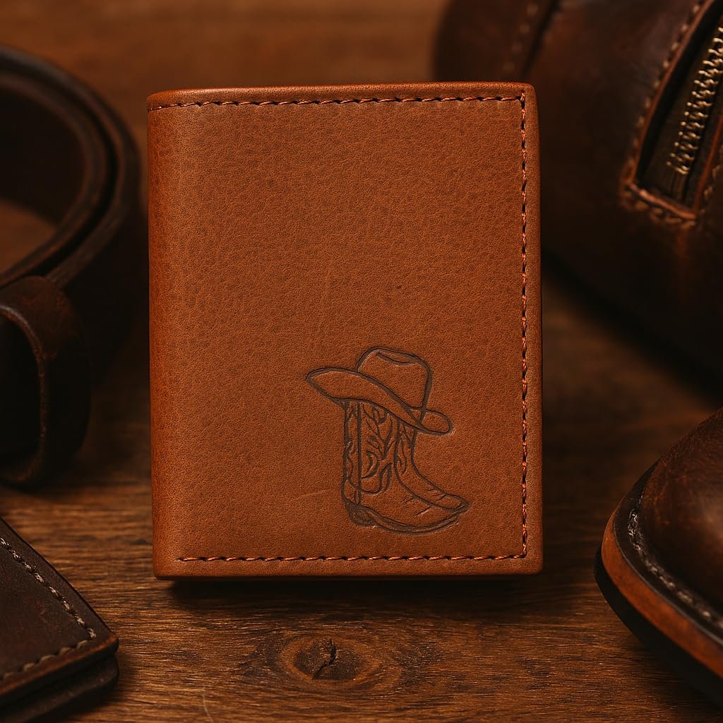 MARSHAL Western Men’s Leather Trifold Wallet – RFID Blocking Cowhide Leather Wallet with Cowboy Hat & Boots Debossed Design – Slim Durable Western Wallet