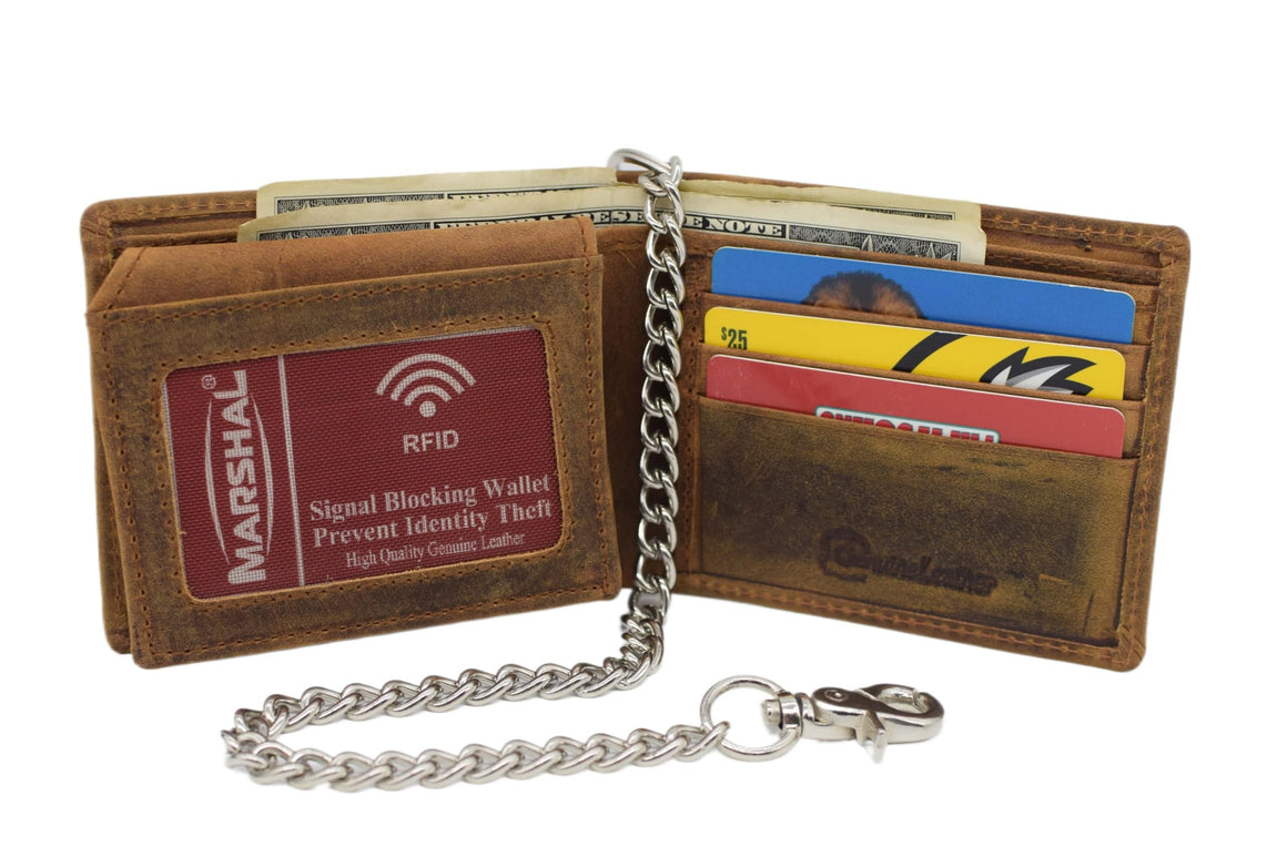 MARSHAL Triple Skull Bifold Wallet with Chain – RFID Blocking Genuine Leather 3 Skull Design Biker Wallet (Tan)