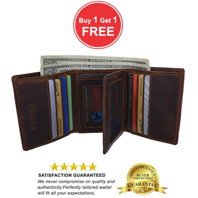 FAIRBIZPS Men's Leather Tri-Fold Wallet - Top Grain, 8 Card Slots, 3 Compartments, Brown