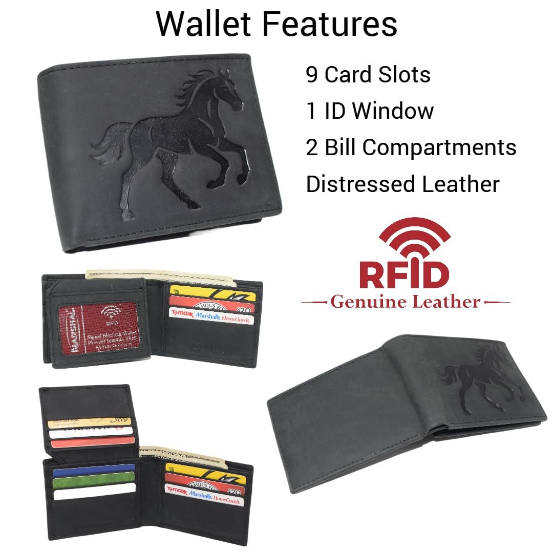 MARSHAL Equestrian Men’s Cowhide Leather RFID Bifold Wallet with Running Horse Debossed Design