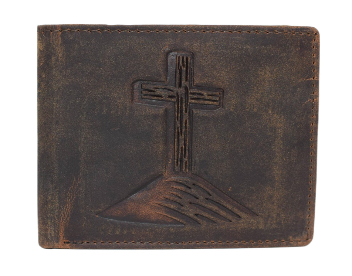 Men’s RFID Blocking Wallet – Christian Cross Design, Vintage Leather Bifold (Brown)