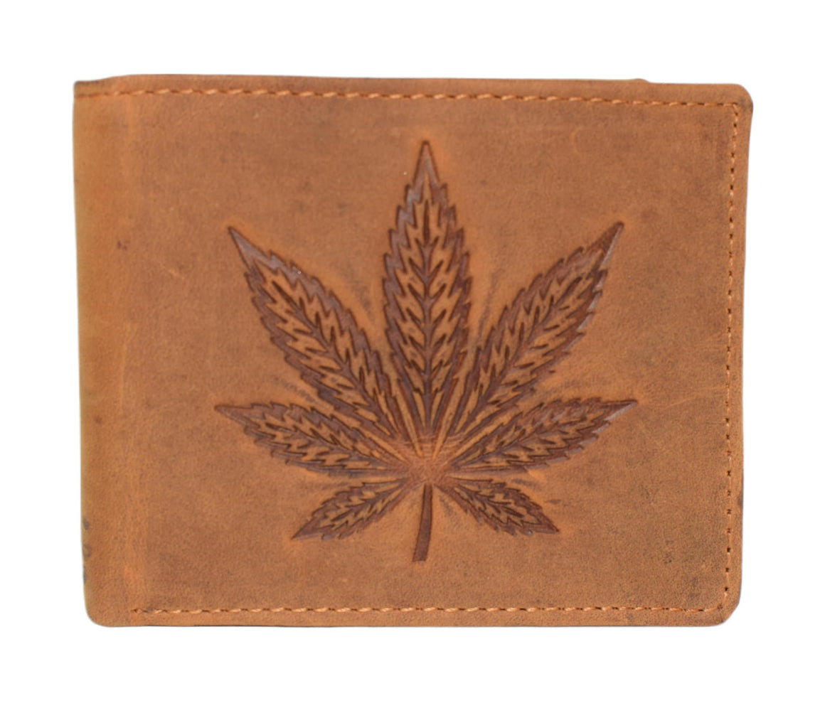 MARSHAL Chain Bifold Wallet for Men Vintage Leather RFID Blocking Marijuana Leaf Design