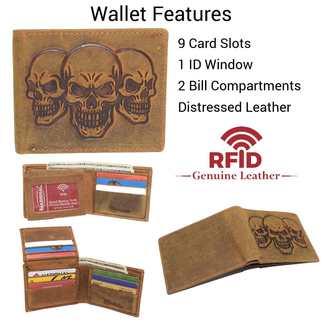 MARSHAL Men’s RFID Blocking Vintage Leather Bifold Wallet with Triple Skull Debossed Design