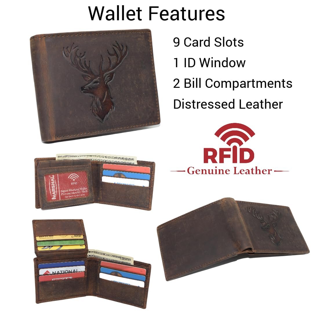Men’s RFID Blocking Deer Head Leather Wallet – Rustic Genuine Leather Bifold for Hunters & Outdoorsmen (Brown)