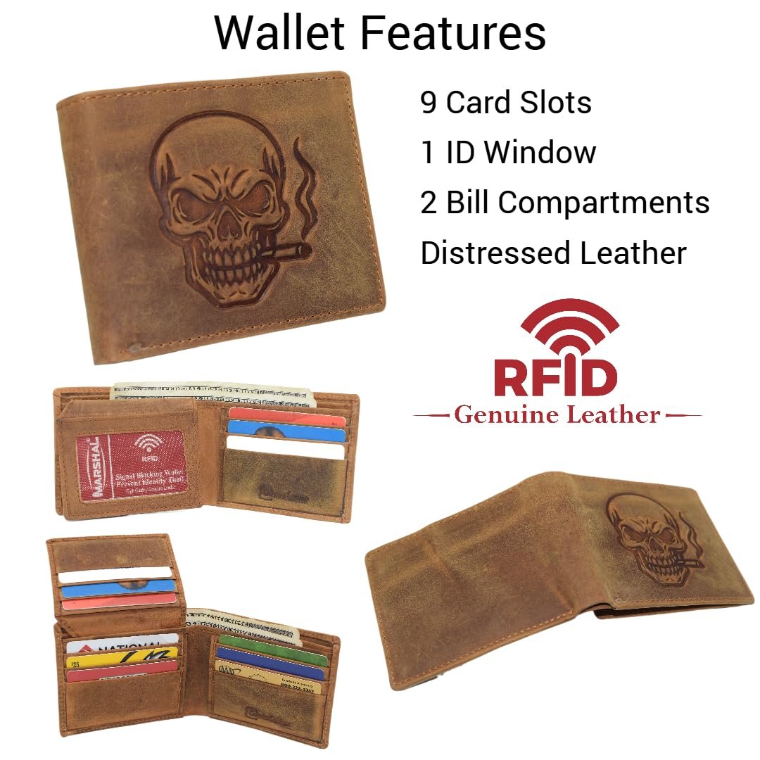 MARSHAL Men’s Vintage Leather RFID Blocking Bifold Wallet for Men with Smoking Skull Design