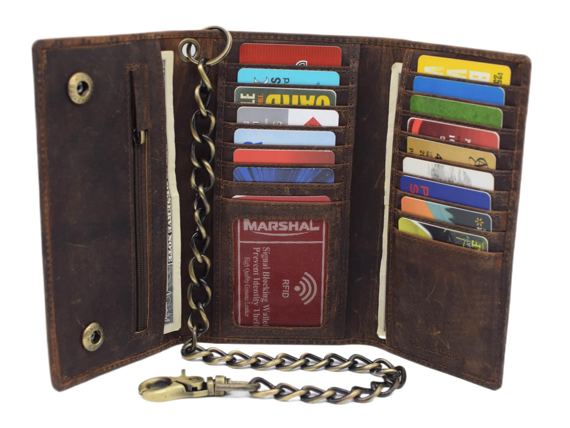 RFID Blocking Mens Tri-fold Long Style Crazy Horse Leather Steel Chain Wallet, (Brown USA)