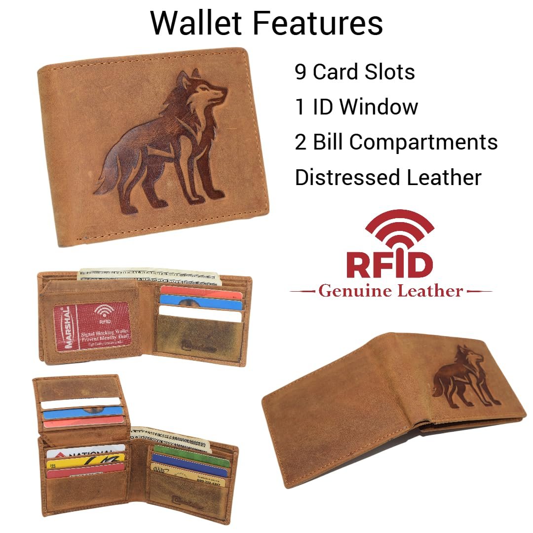 MARSHAL Wolf Design Men's Vintage Leather RFID Blocking Bifold Wallet for Hunters & Outdoorsmen