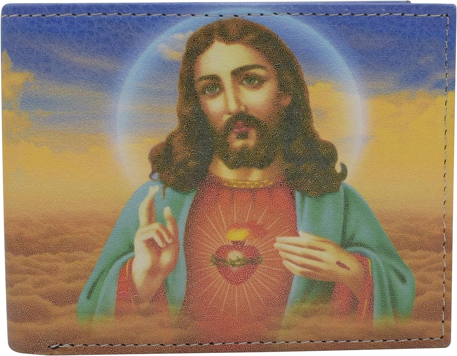 RFID Blocking Jesus Printed Bifold Genuine Leather Wallet for Men with Gift box