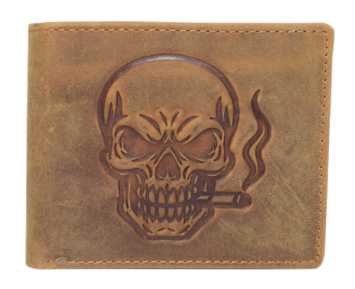 MARSHAL Genuine Leather Smoking Skull Chain Wallet for Men – RFID Blocking Bifold Biker Wallet with Cigarette Skull Debossed Design