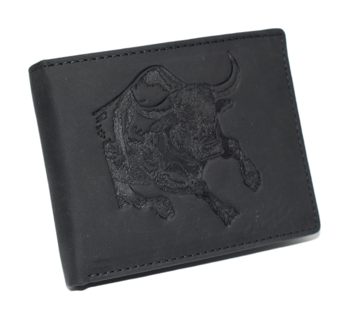 MARSHAL Bifold Western Cowboy Style Men's Vintage Leather Rodeo RFID Blocking Wallet – Bull Engraved Design