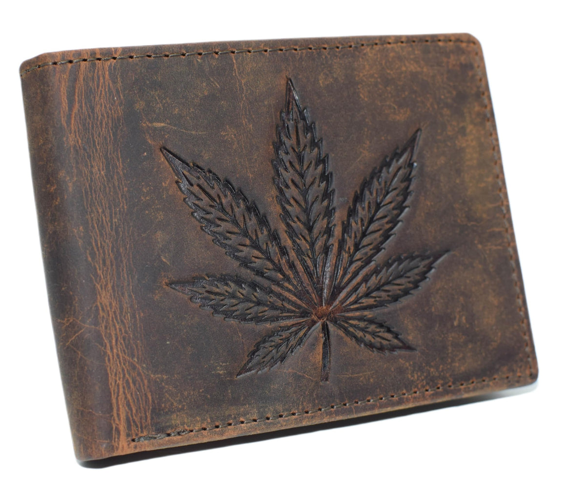 Men’s RFID Blocking Vintage Leather Bifold Wallet – Marijuana Leaf Design – Cannabis Leaf Debossed Genuine Leather Wallet (Black)