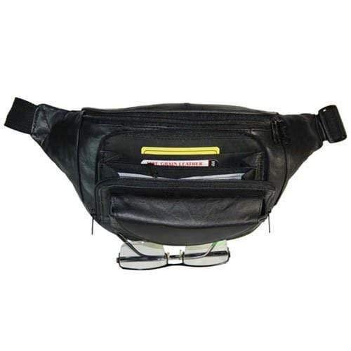 Black Leather Zipper Pockets Waist Pack with Hook and Loop Pocket for Glasses 049 (C) - wallets for men's at mens wallet