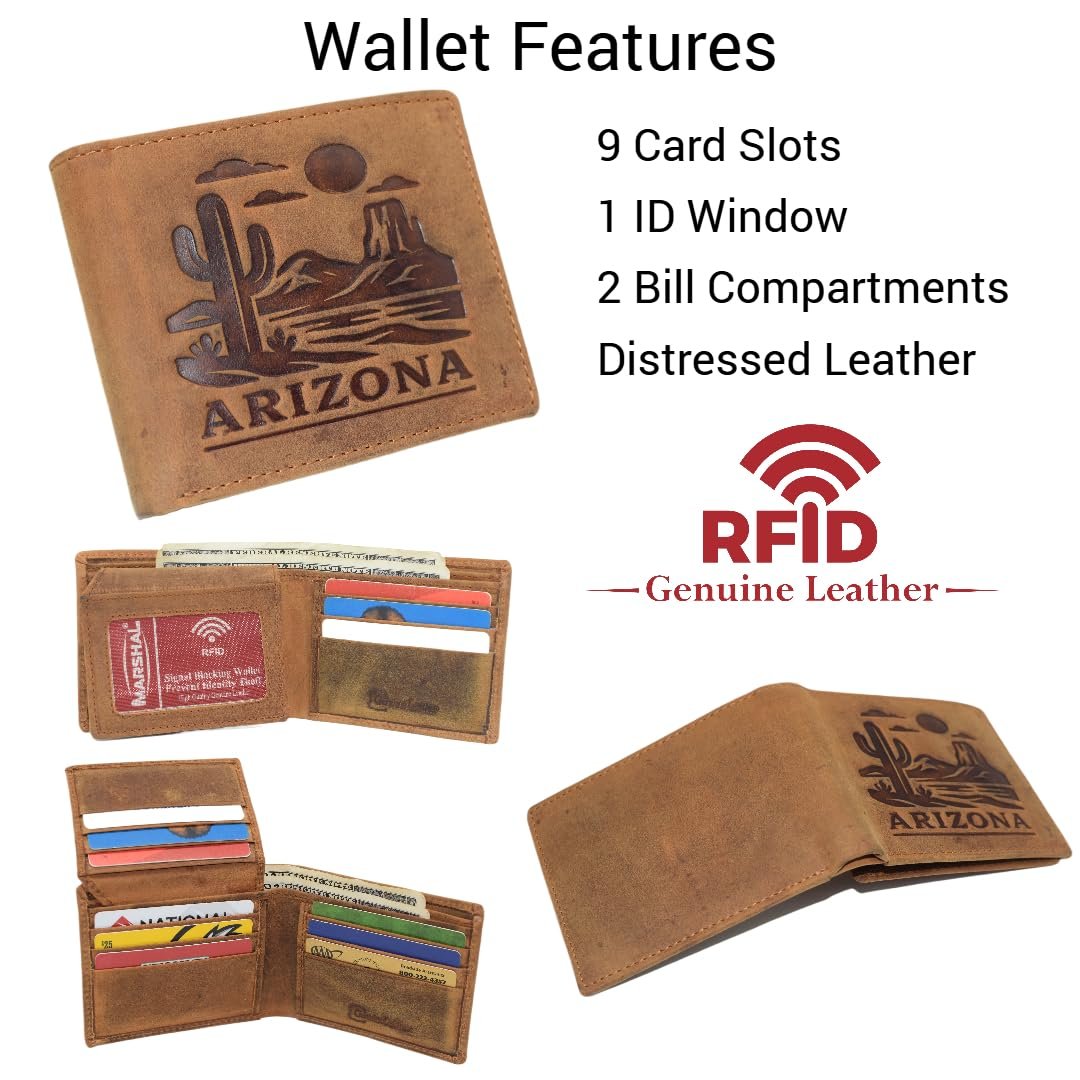 MARSHAL Arizona Western Bifold Wallet for Men RFID Blocking Leather Wallet with Cactus & Desert Landscape