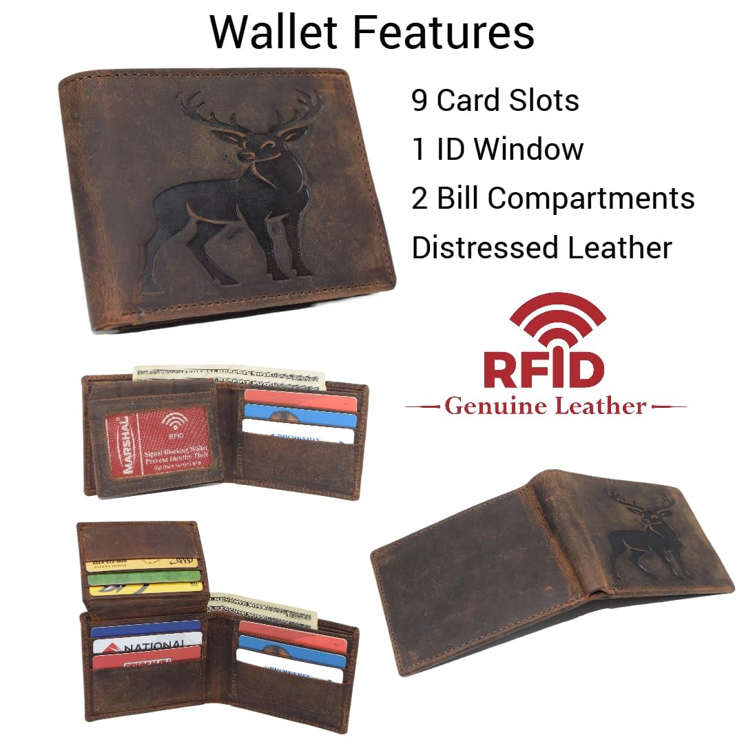 MARSHAL Deer Bifold RFID Blocking Vintage Leather Wallet for Hunters & Outdoorsmen (Brown)