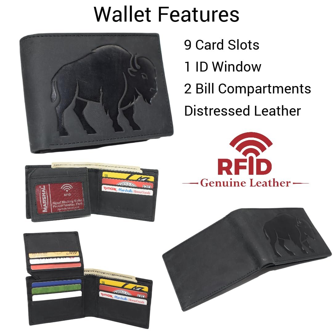 MARSHAL Men's Bison Design Genuine Leather RFID Blocking Bifold Western Cowboy Wallet