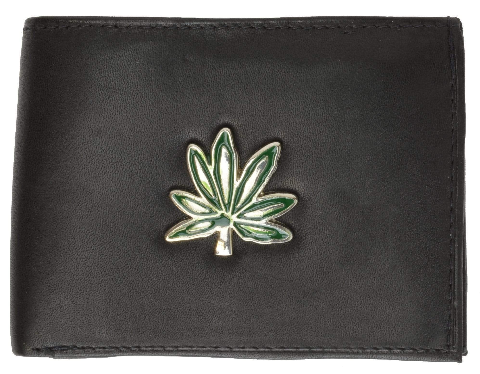Mens Genuine Leather Bifold ID Card Holder Wallet Marijuana Leaf Design 1146-5 (C) - wallets for men's at mens wallet