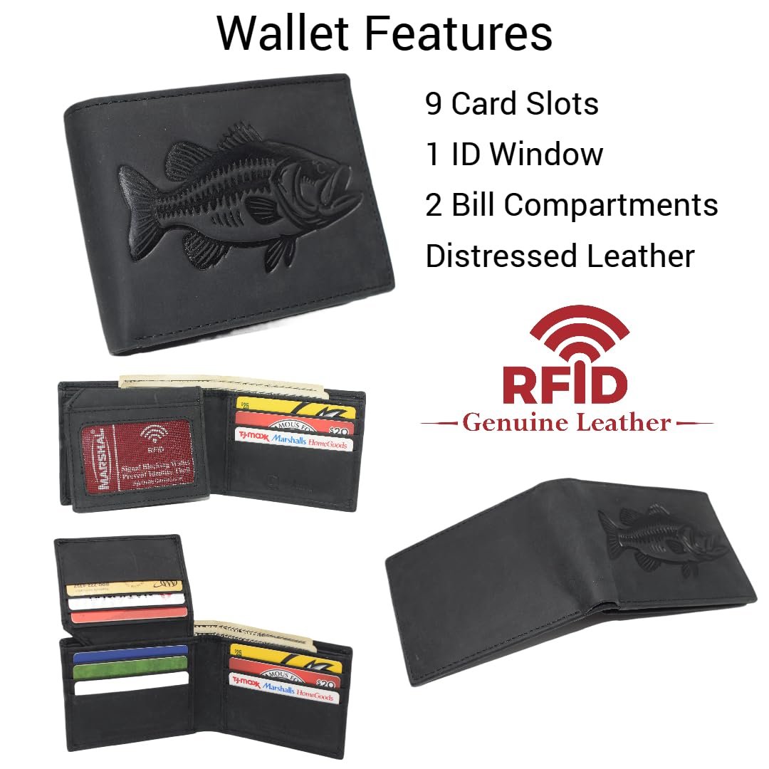 MARSHAL Fisherman’s RFID Blocking Vintage Leather Bifold Wallet with Debossed Bass Design for Outdoorsmen