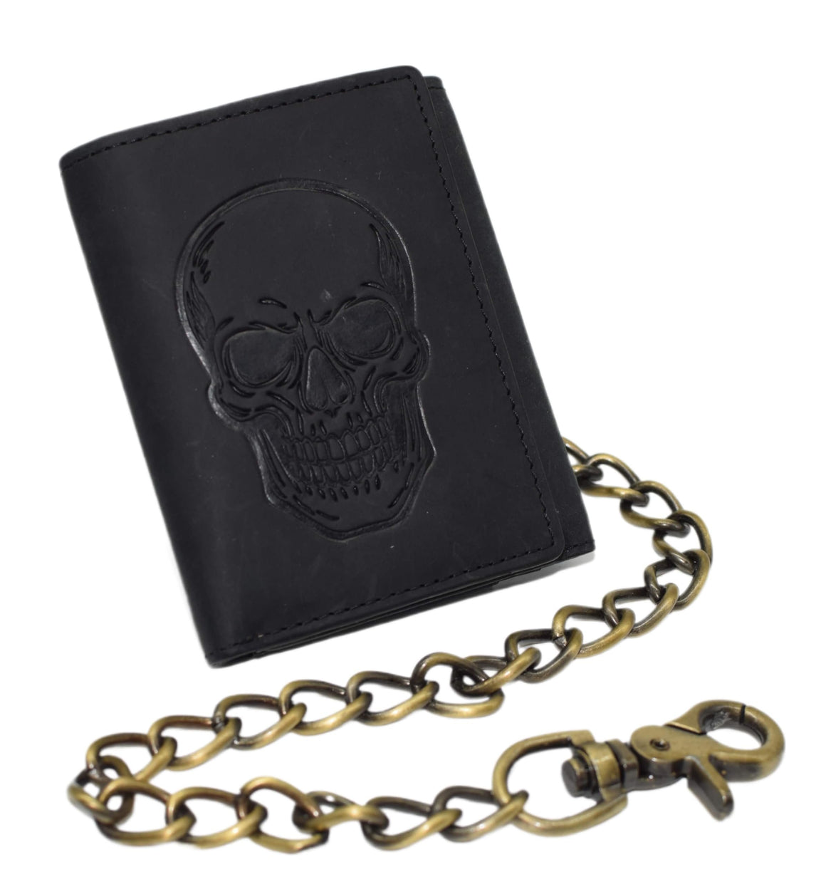 MARSHAL Men’s RFID Blocking Trifold Biker Chain Wallet – Vintage Genuine Leather Skull Design Wallet with Snap Closure