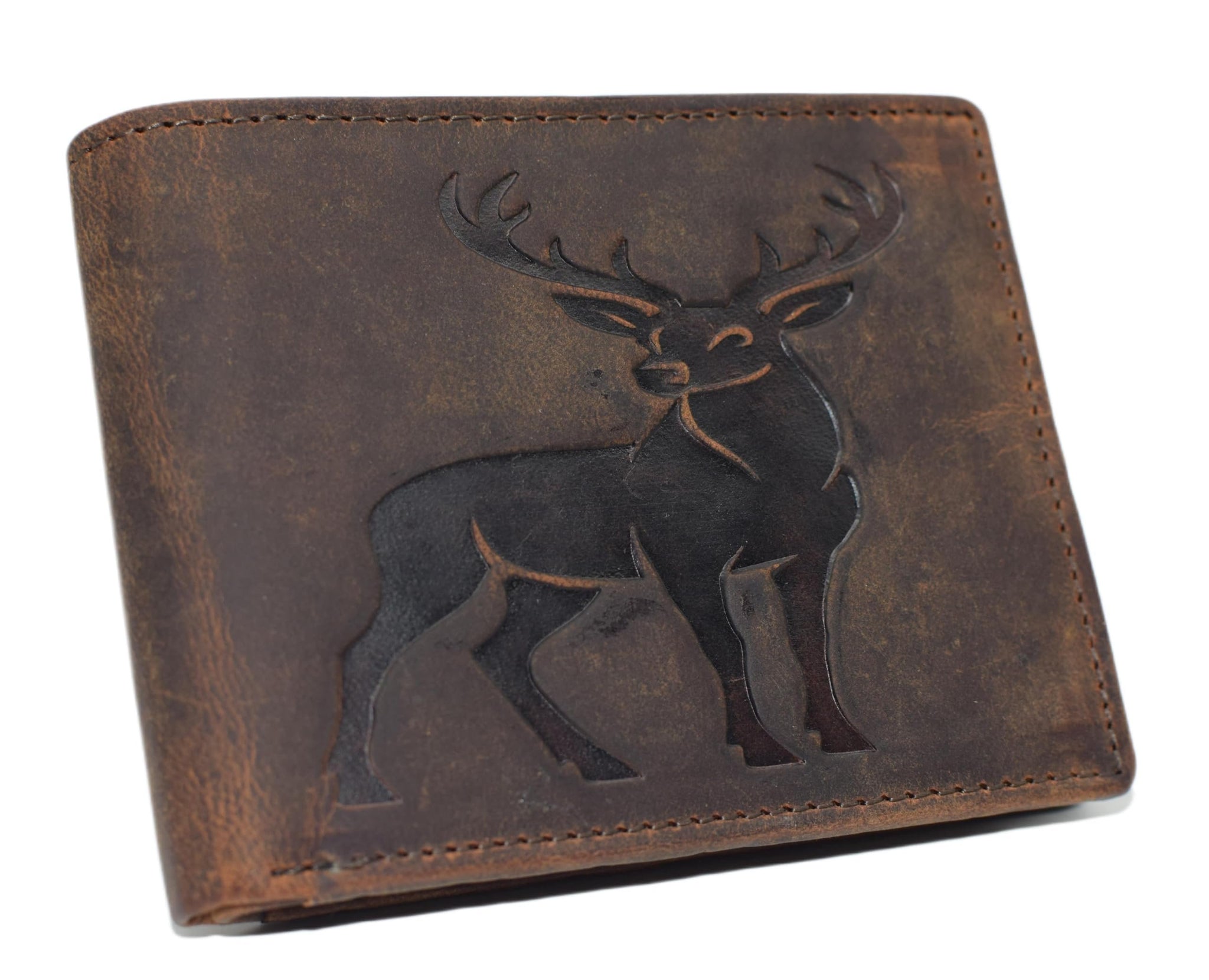 MARSHAL Deer Bifold RFID Blocking Vintage Leather Wallet for Hunters & Outdoorsmen (Brown)