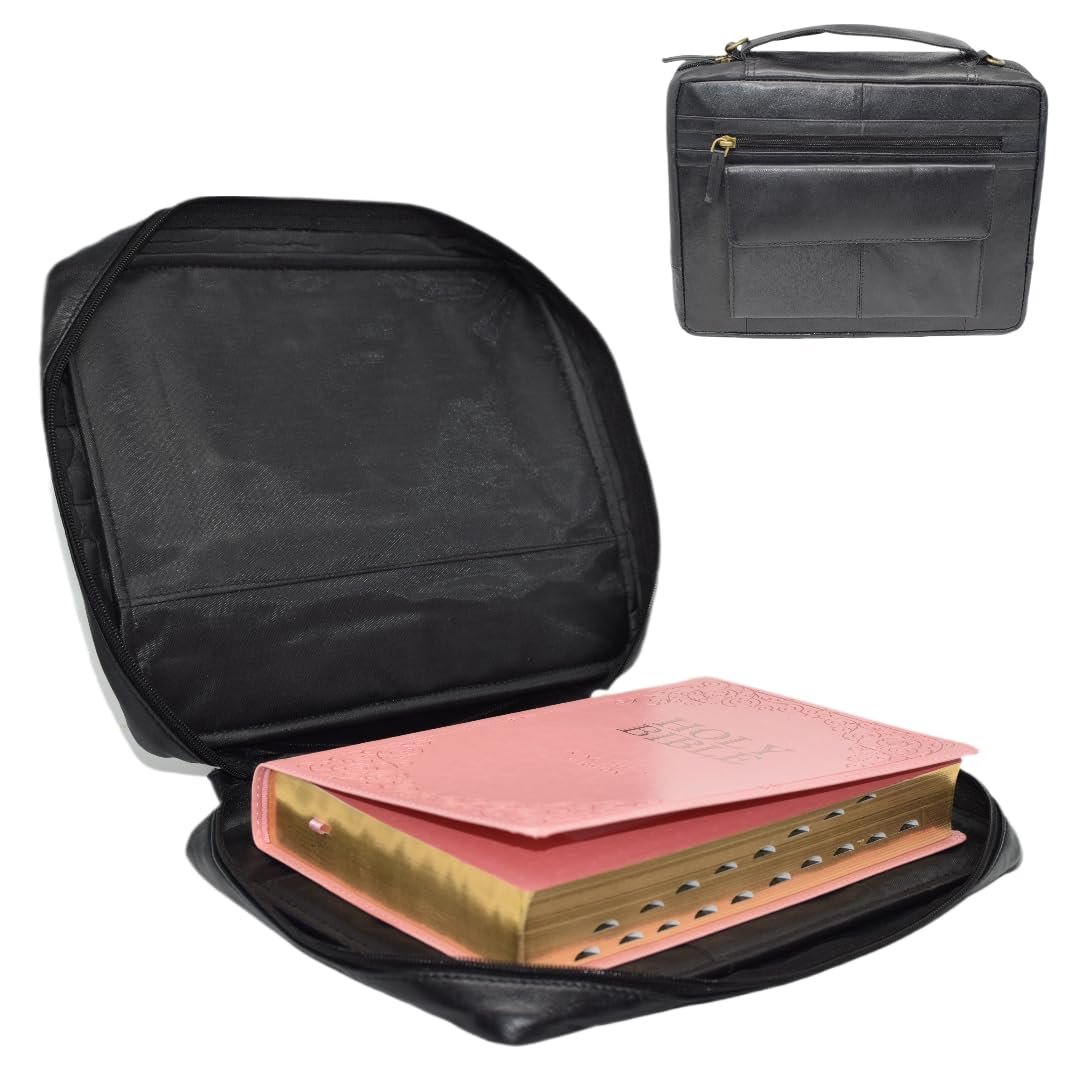 Leather Large Bible Cover - Book Case Bag with Durable Handle & Shoulder Strap, Zippered Pockets for Church