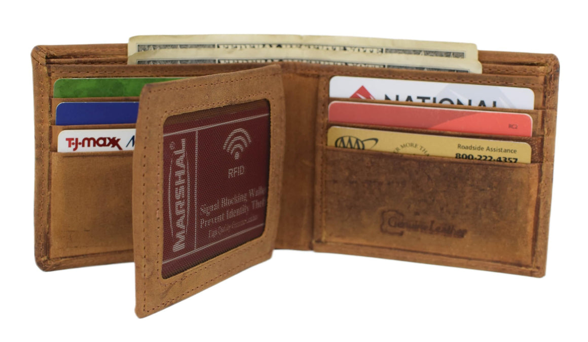 MARSHAL Marijuana Leaf Embossed Design Men's Bifold Vintage Leather RFID Blocking Wallet