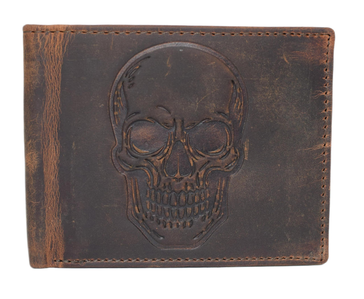 Men’s RFID Blocking Bifold Distressed Leather Wallet – Vintage Skull Design – Slim Trifold Interior with Card Slots, ID Window & Cash Compartment (Brown)