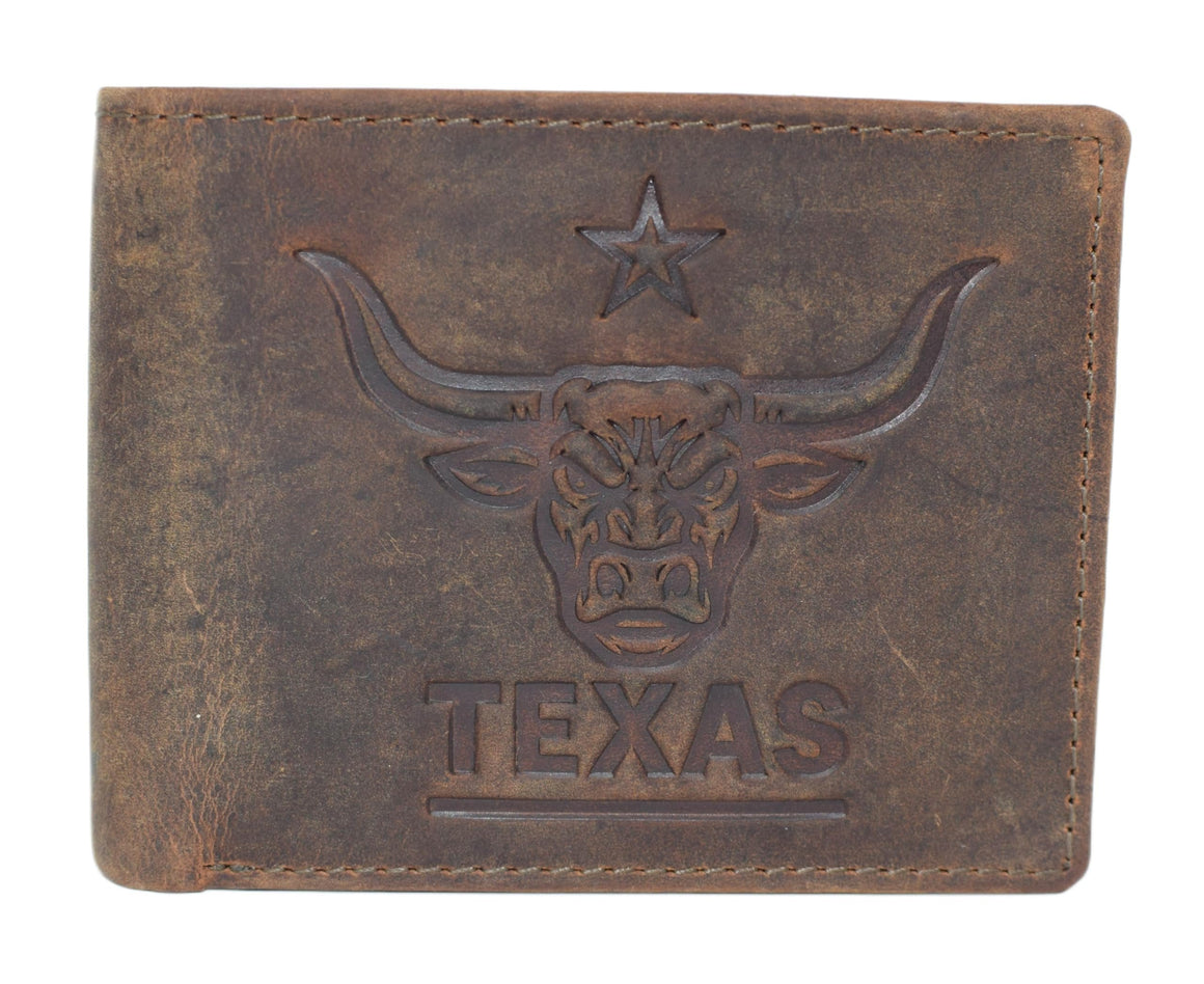 MARSHAL RFID Blocking Distressed Leather Men's Western Cowboy Bifold Leather Wallet Texas Longhorn Design