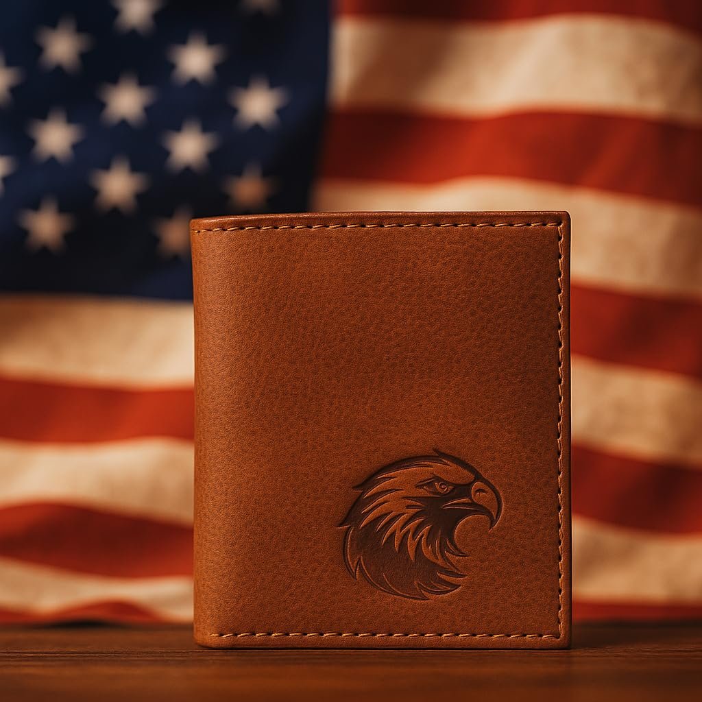 MARSHAL Men’s Western Trifold Leather Wallet – Genuine Cowhide RFID Blocking Wallet with Debossed American Eagle Design – Slim Patriotic Wallet