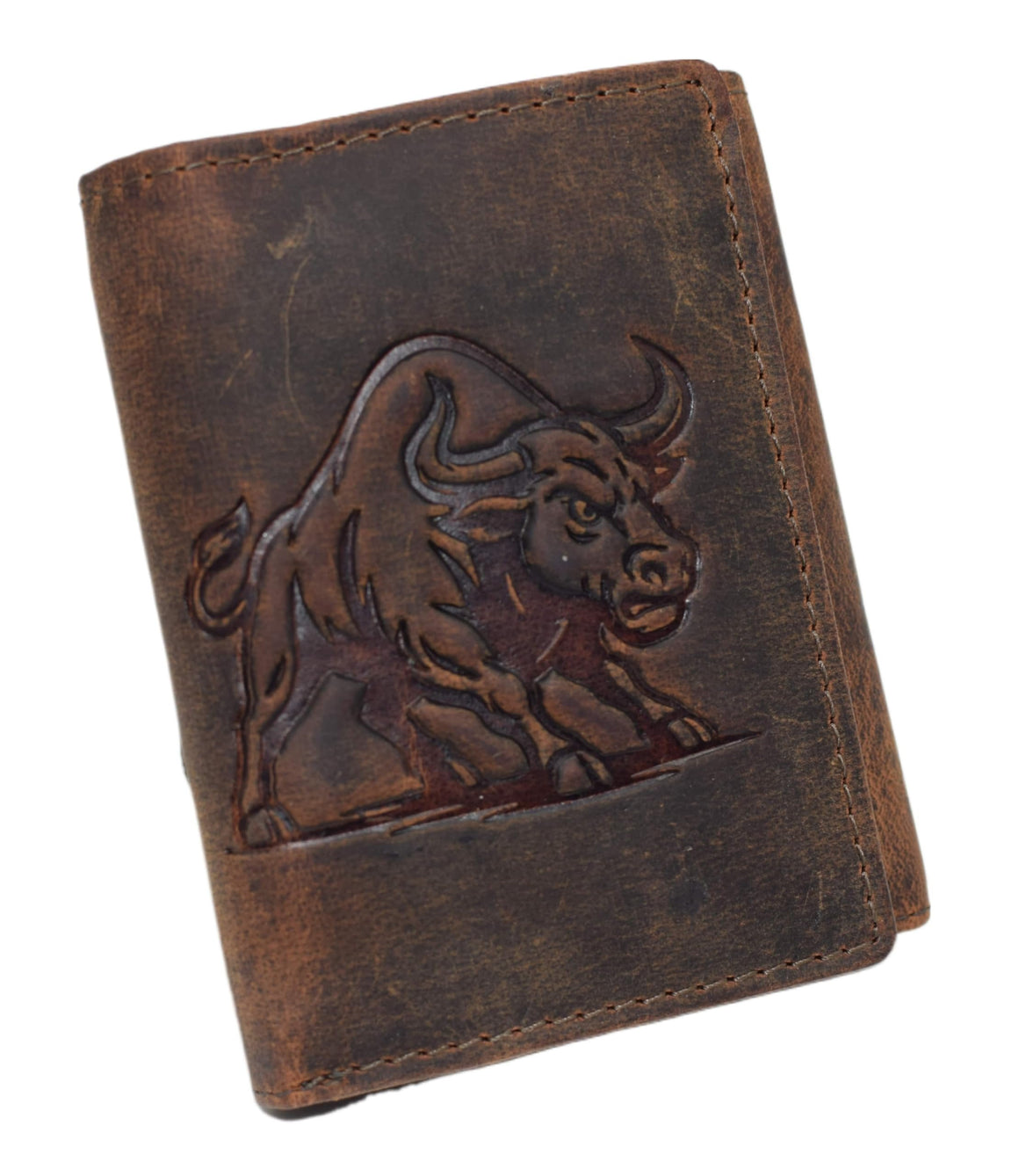MARSHAL RFID Trifold Biker Wallet for Men – Vintage Genuine Leather Chain Wallet with Charging Bull Embossed Design and Snap Closure