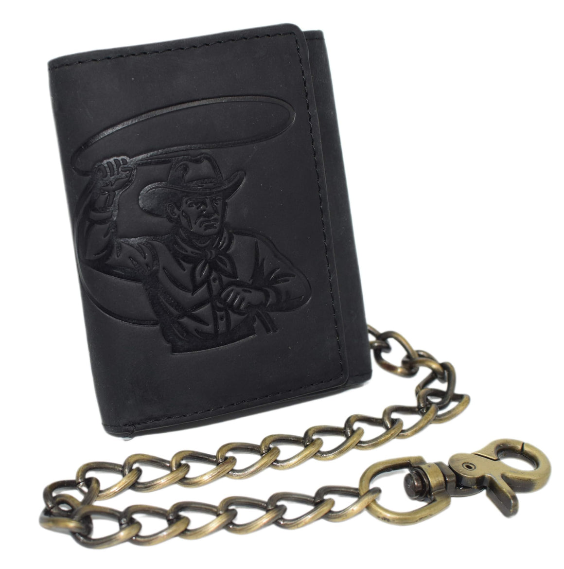 MARSHAL Men’s Western Leather Chain Wallet – RFID Blocking Trifold Biker Wallet with Cowboy Rodeo with Lasso Design and Snap Closure