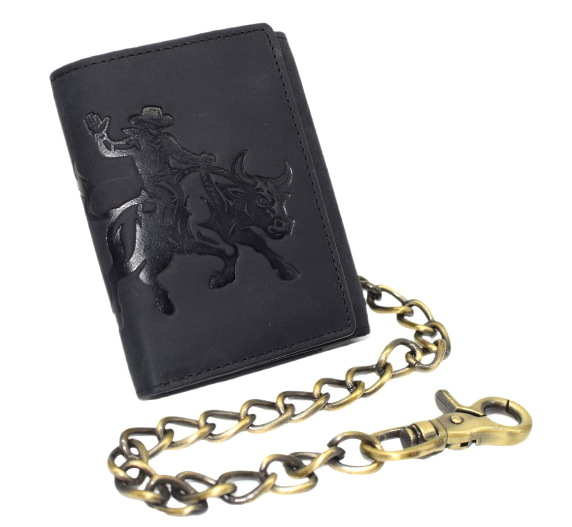 MARSHAL Men’s RFID Blocking Trifold Leather Chain Wallet – Bull Rider Western Cowboy Design – Snap Closure Biker Wallet