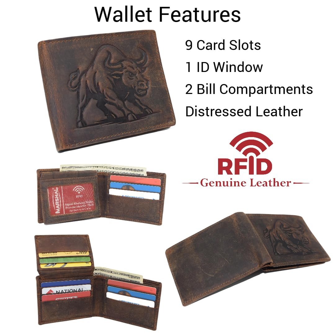 MARSHAL Men’s Cowboy Western Wallet RFID Blocking Vinatge Leather Bifold with Charging Bull Design (Brown)