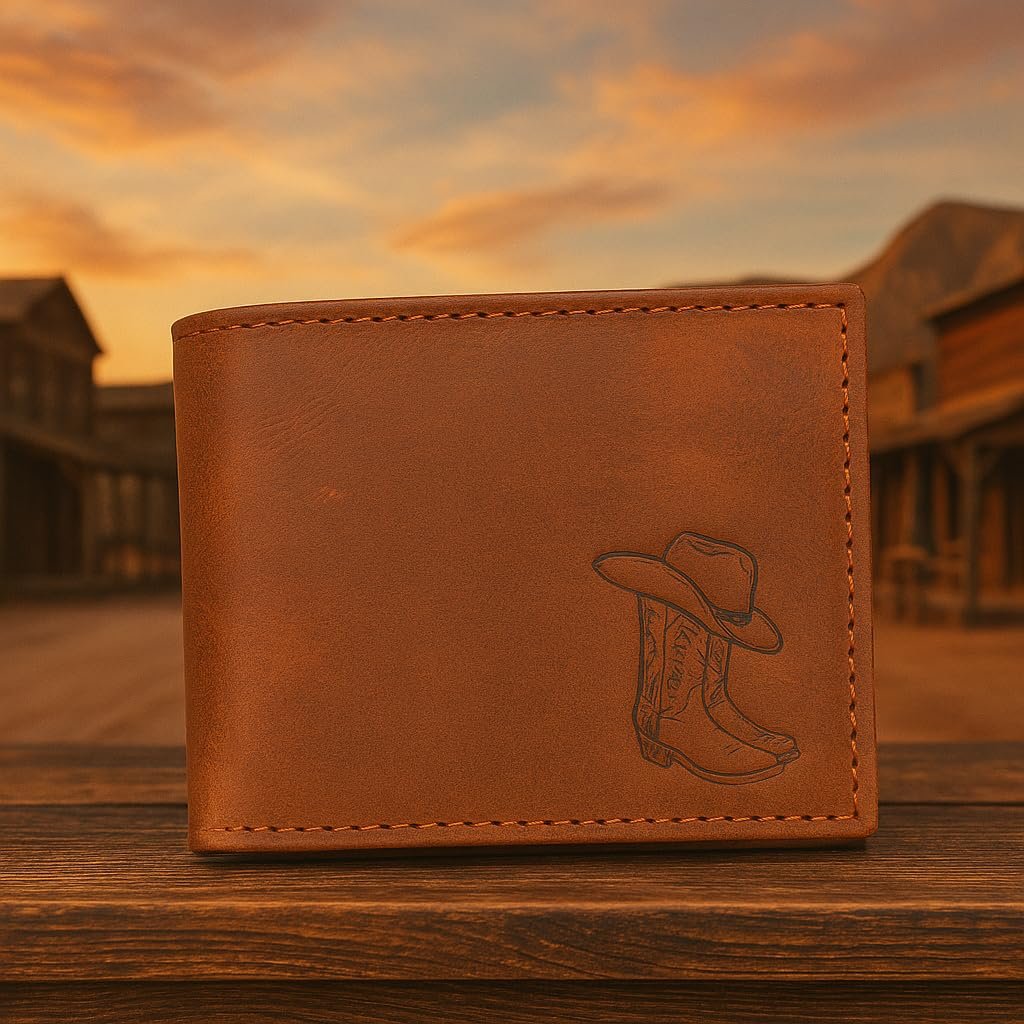 MARSHAL Men's Western Leather Bifold Wallet – Cowboy Hat & Boots Debossed Bifold Wallet – Genuine Leather – RFID Blocking – Slim & Durable Cowboy Western Style Wallet