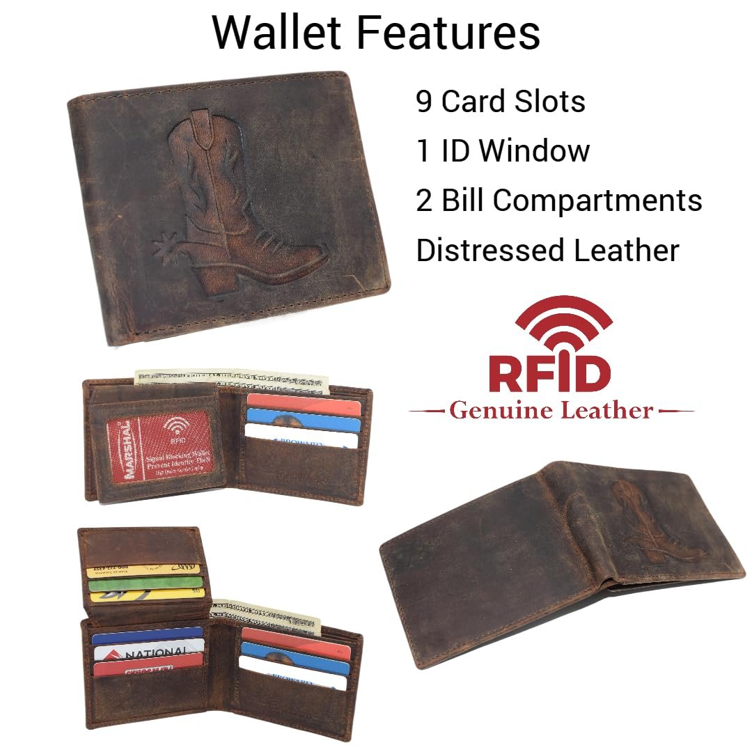 Men’s RFID Blocking Cowboy Boot Leather Wallet – Vintage Western Bifold with Rustic Rodeo Style (Brown)
