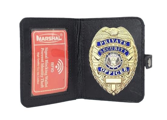 Leather RFID Blocking Bifold Shield Badge ID Holder with Snap Closure