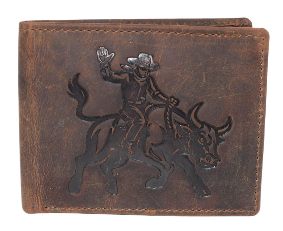 MARSHAL Western Rodeo Bull Rider Design Genuine Leather RFID Blocking Cowboy Bifold Wallet for Men