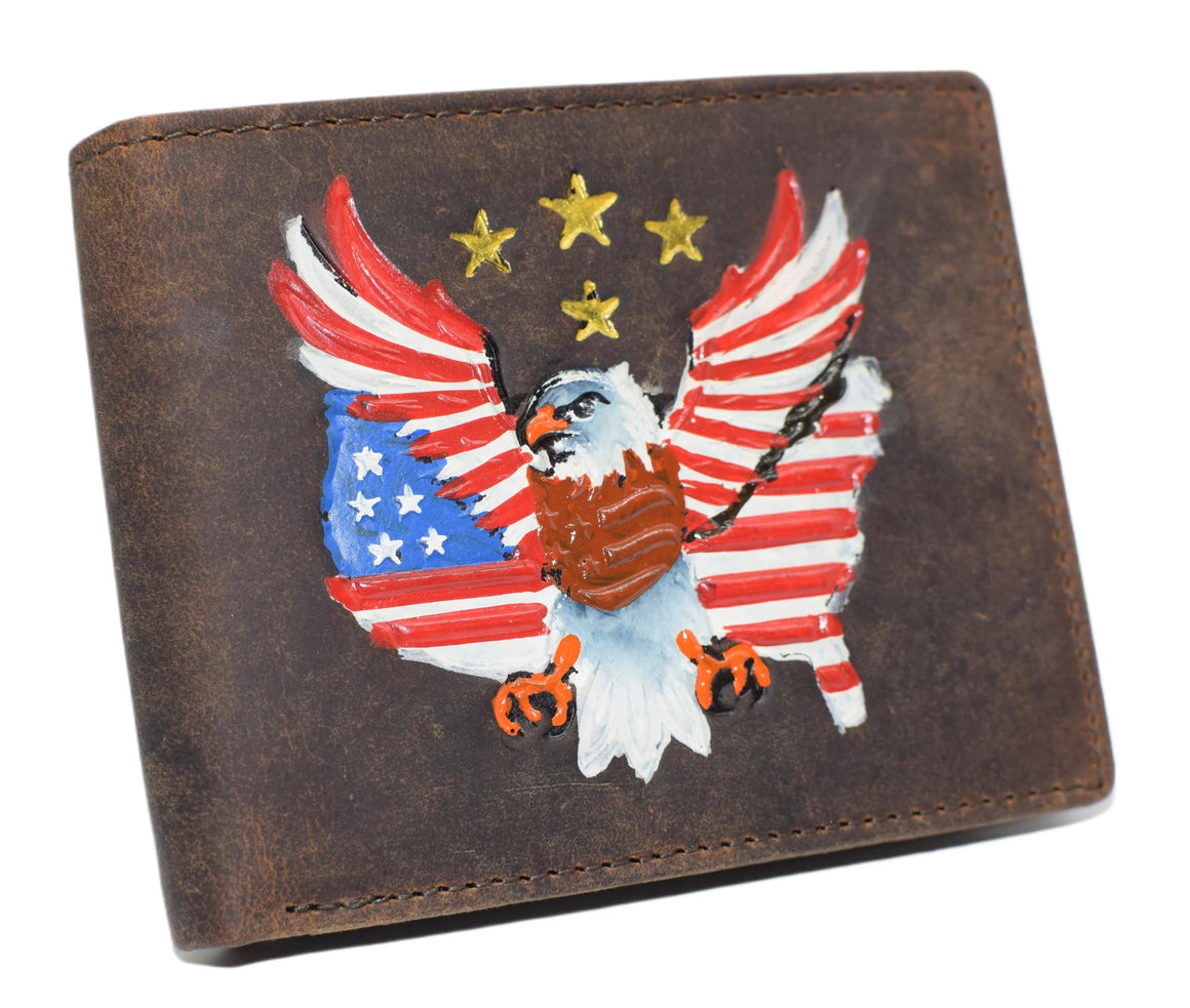 Men’s RFID Blocking Leather Bifold Wallet – Patriotic American Eagle with USA Flag Design – Vintage Genuine Leather