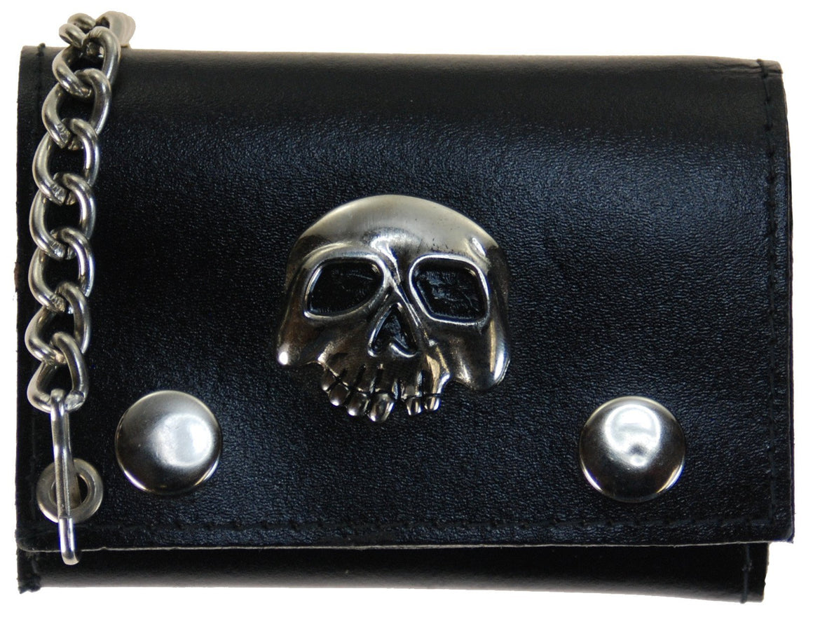 MARSHAL 100% Leather Chain Wallet TriFold Black #1046-6