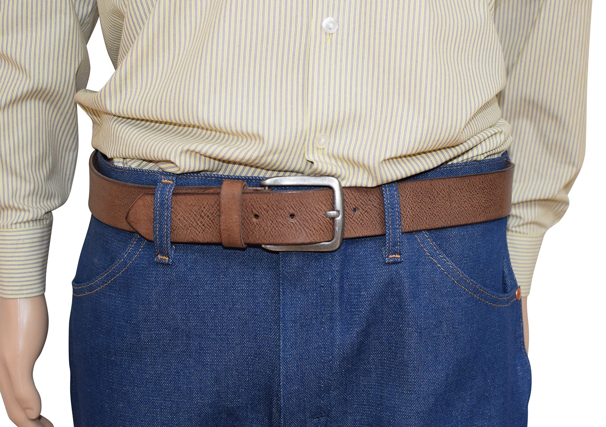 Men's Casual Jean Belt - Full Grain Leather 1.5'' Wide With Interchangeable Brass Buckle - Brown Belt For Jeans & Casual Wear