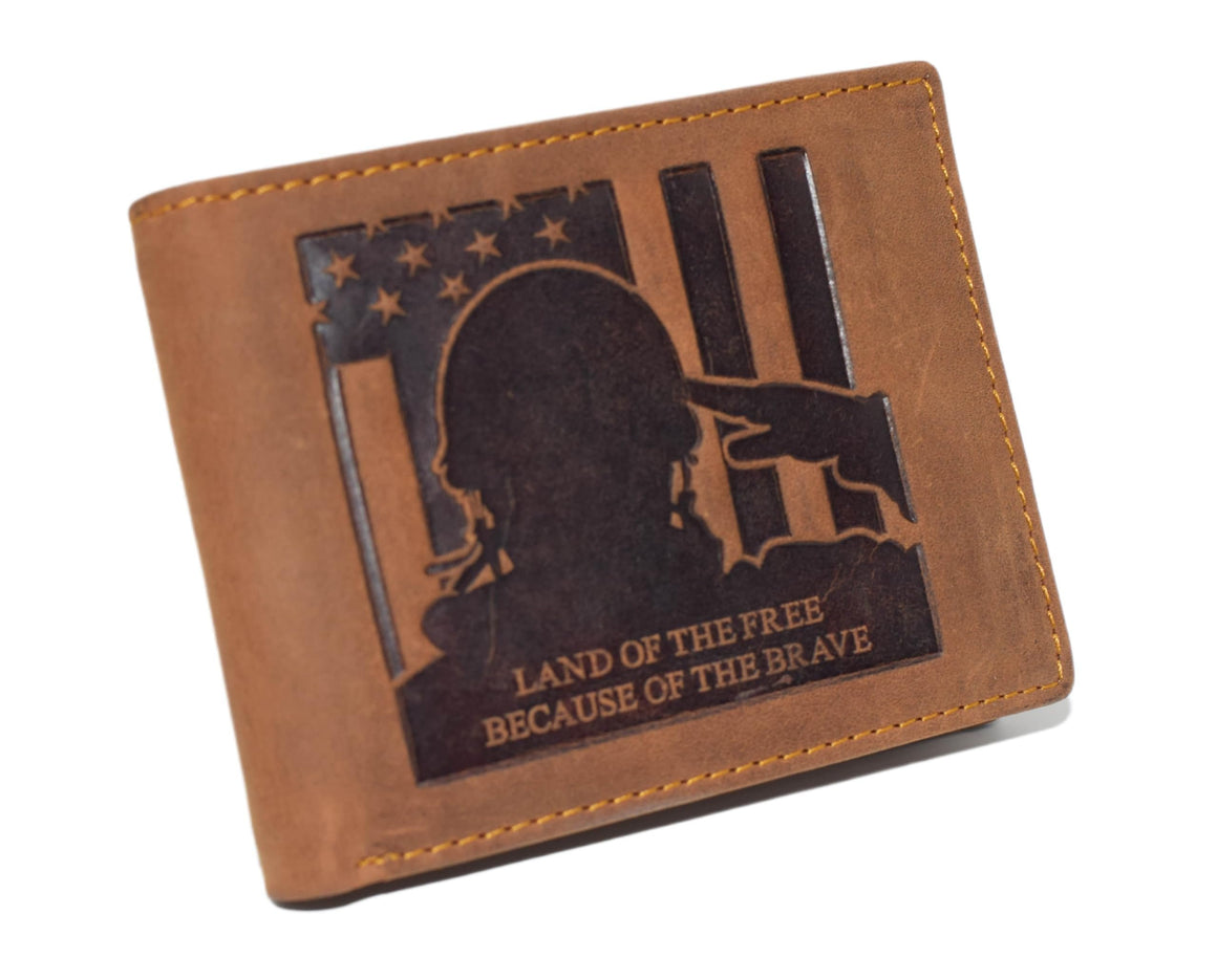 MARSHAL Men's Vintage Genuine Leather RFID Wallet with Military Tribute Design – 'Land of the Free, Because of the Brave' Engraving, Western Style (Brown)