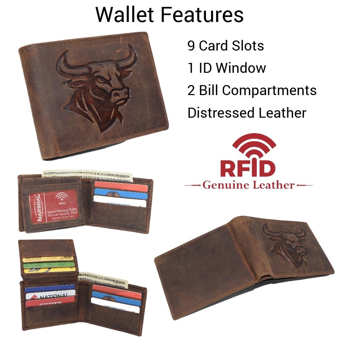 MARSHAL Genuine Leather RFID Bifold Wallet for Men Western Bull Design Rustic Cowboy Wallet