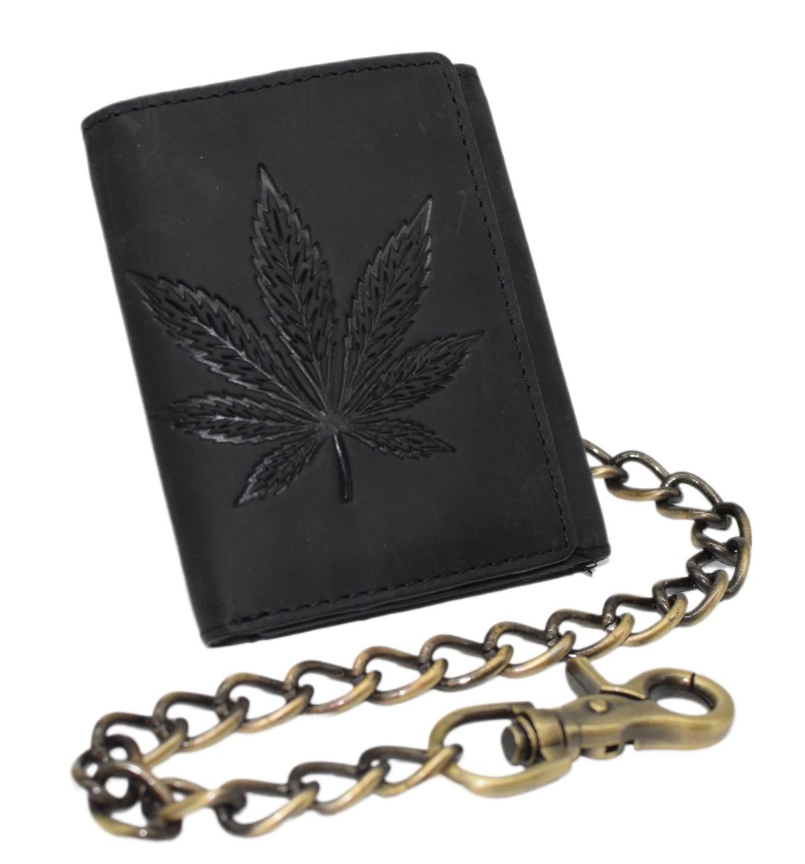 MARSHAL Men’s Vintage Leather Chain Wallet – Trifold RFID Blocking Biker Wallet with Embossed Marijuana Leaf & Snap Closure