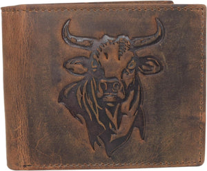Western Rodeo Bull Wallet For Men - Vintage Cowhide Leather Patriotic Bifold Wallet For Cowboys - Men’s Wallets Bifold RFID Blocking Card Holder Wallet (Brown)-menswallet