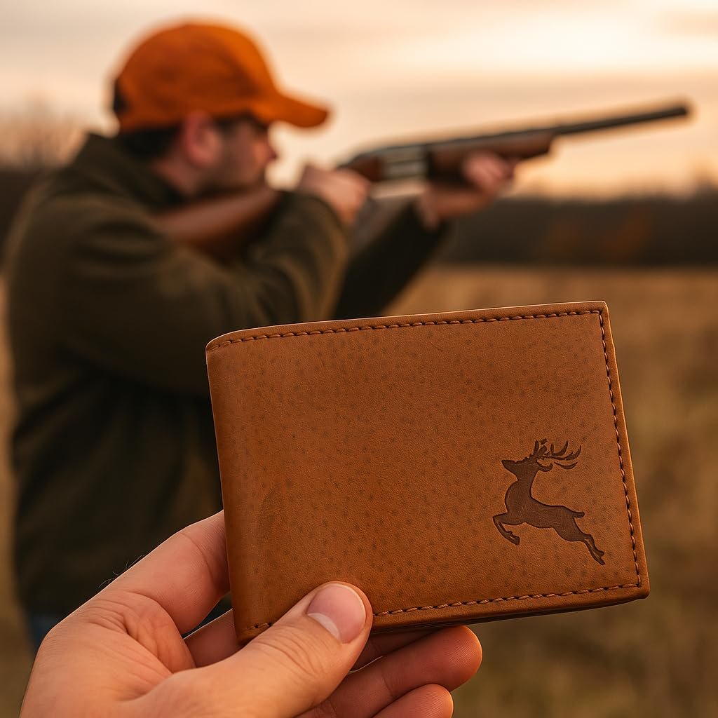 MARSHAL Genuine Leather RFID Blocking Deer Debossed Bifold Wallet for Men — Rustic Hunter Design